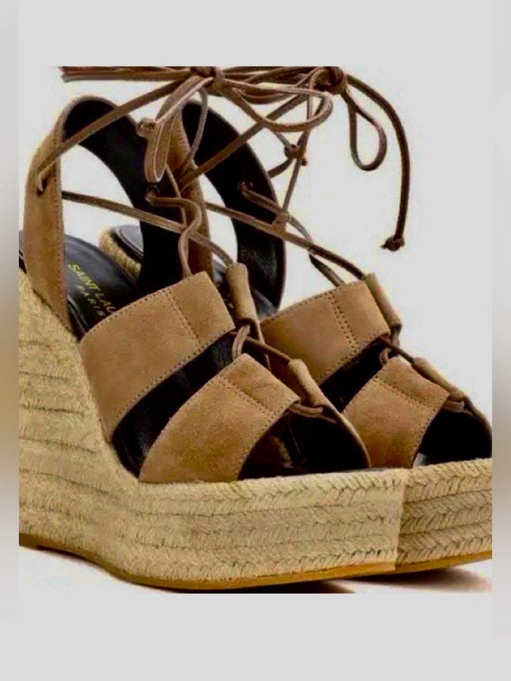 Saint Laurent Beige Suede Espadrille Lace-Up Wedges